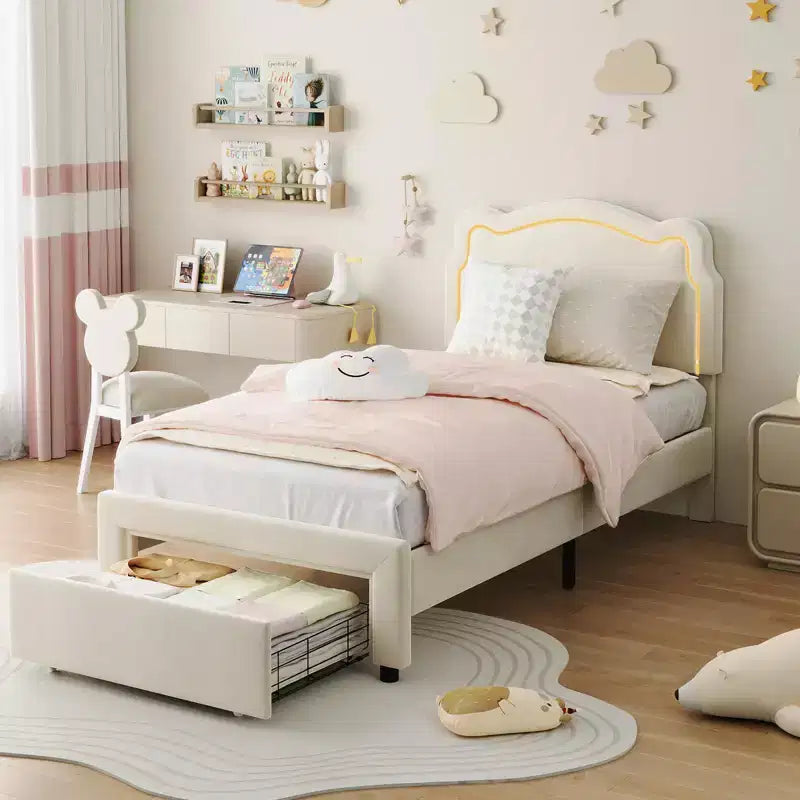 Twin Size Bed Frame with Storage Drawer , Velvet Princess Platform Bed with Adjustable Headboard, Wood Slats Support
