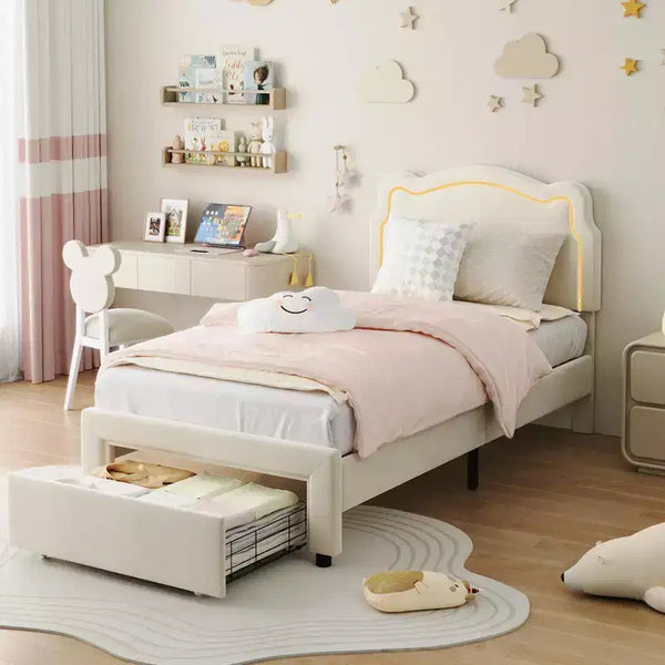 Twin Size Bed Frame with Storage Drawer , Velvet Princess Platform Bed with Adjustable Headboard, Wood Slats Support