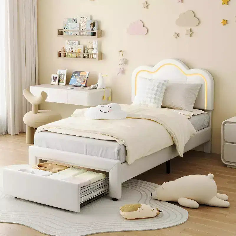 Twin Size Bed Frame with Storage Drawer , Velvet Princess Platform Bed with Adjustable Headboard, Wood Slats Support