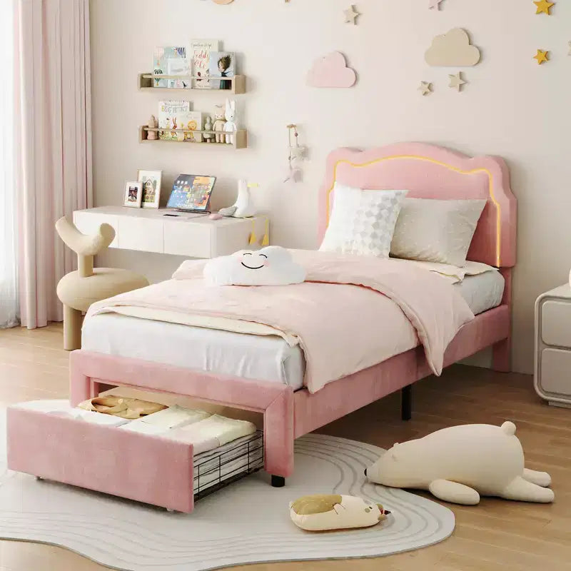 Twin Size Bed Frame with Storage Drawer , Velvet Princess Platform Bed with Adjustable Headboard, Wood Slats Support