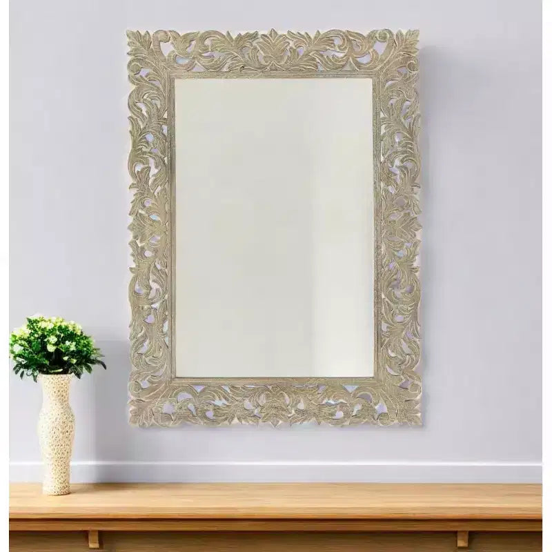 HomeRoots 35 Gray Floral Carved Solid Wood Framed Accent Mirror