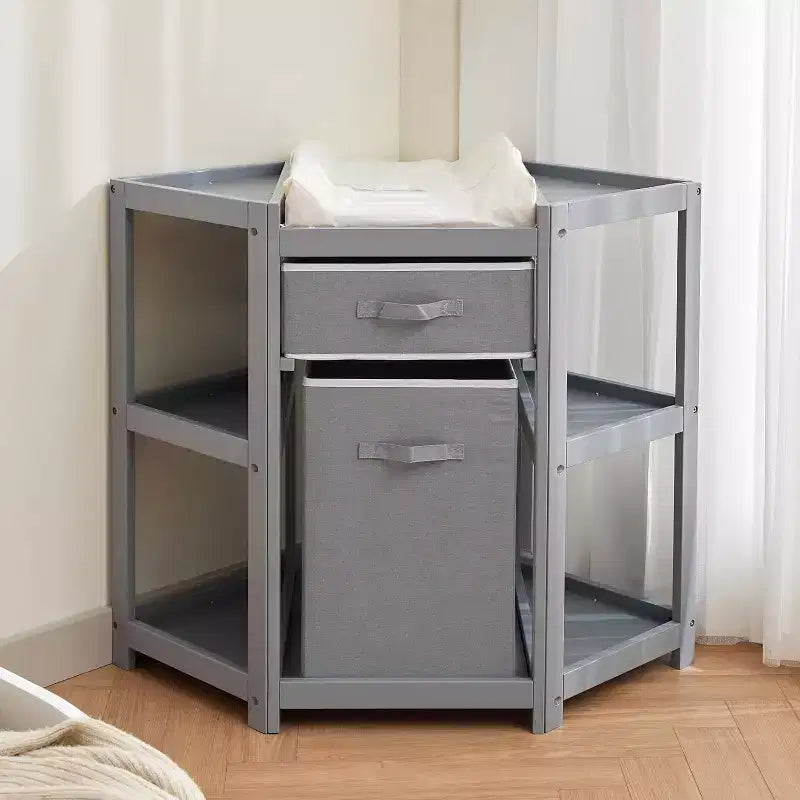 Baby Corner Changing Table with Storage Drawer, Diaper Changing Station with Baby Changing Pad, Wood Diaper Changing Table for Infants and Toddlers