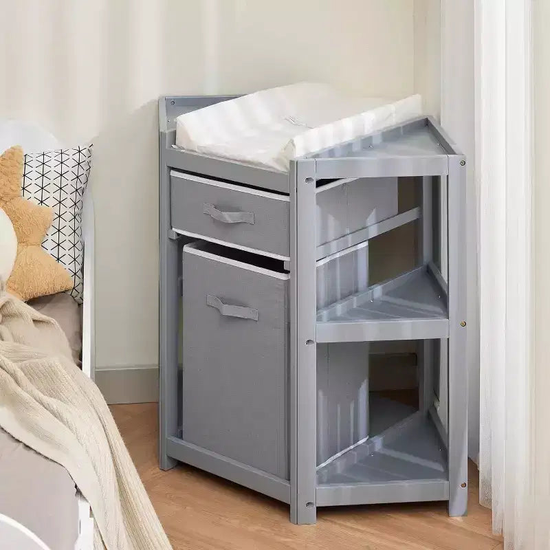 Baby Corner Changing Table with Storage Drawer, Diaper Changing Station with Baby Changing Pad, Wood Diaper Changing Table for Infants and Toddlers