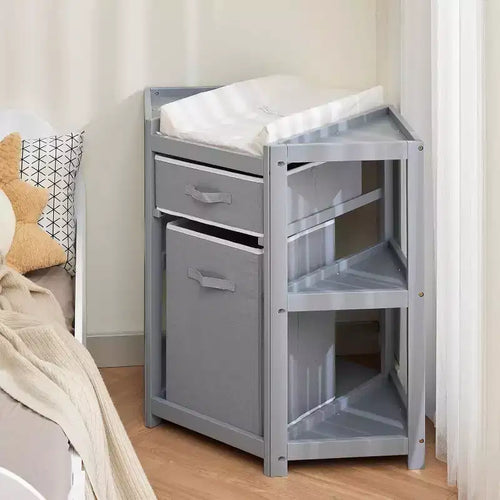 Baby Corner Changing Table with Storage Drawer, Diaper Changing Station with Baby Changing Pad, Wood Diaper Changing Table for Infants and Toddlers