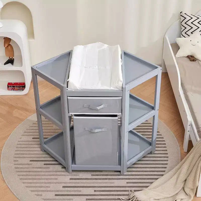 Baby Corner Changing Table with Storage Drawer, Diaper Changing Station with Baby Changing Pad, Wood Diaper Changing Table for Infants and Toddlers
