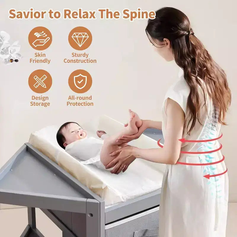 Baby Corner Changing Table with Storage Drawer, Diaper Changing Station with Baby Changing Pad, Wood Diaper Changing Table for Infants and Toddlers