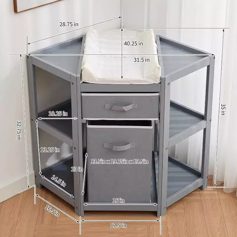 Baby Corner Changing Table with Storage Drawer, Diaper Changing Station with Baby Changing Pad, Wood Diaper Changing Table for Infants and Toddlers