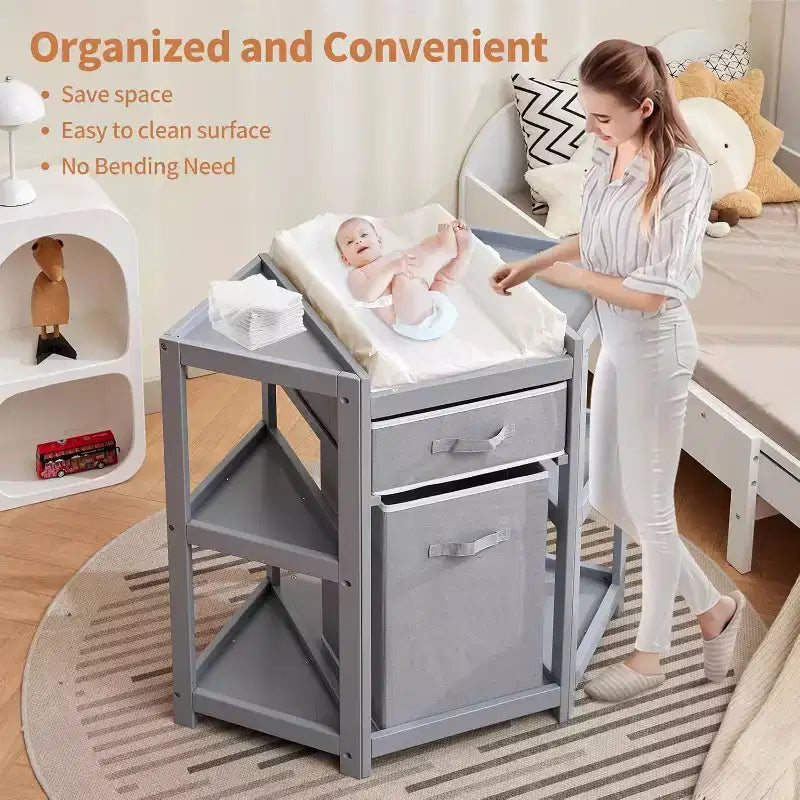 Baby Corner Changing Table with Storage Drawer, Diaper Changing Station with Baby Changing Pad, Wood Diaper Changing Table for Infants and Toddlers