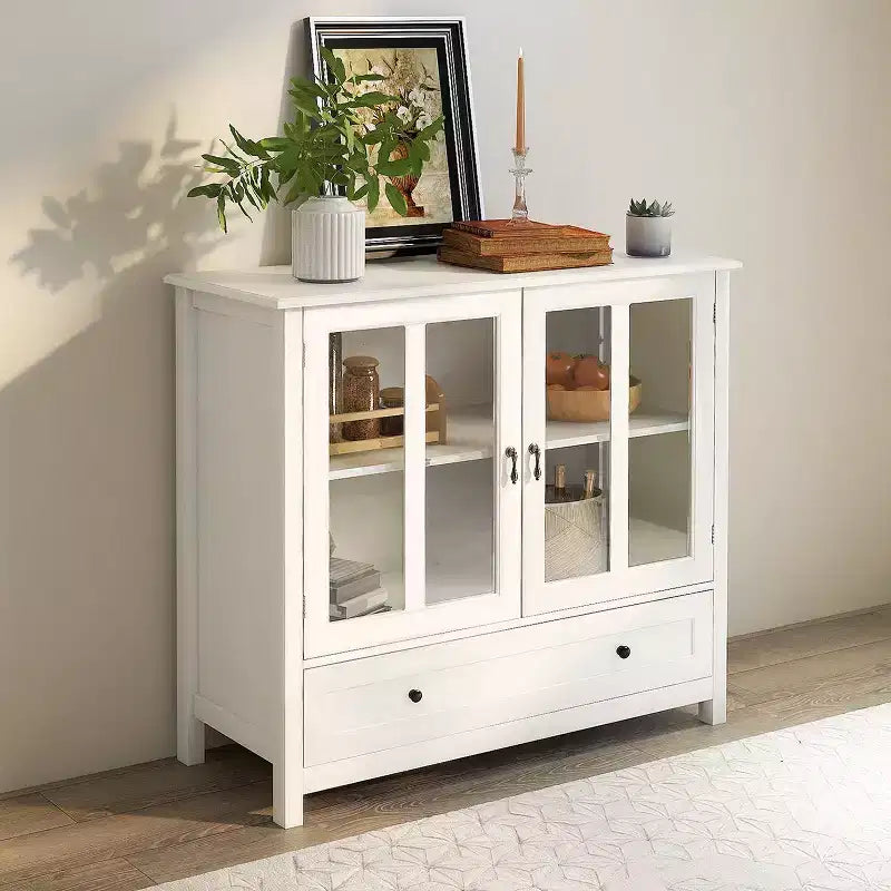 Okak 2 Glass Doors Kitchen Cabinet with Unique Bell Handle Sideboard Cabinet with 2 Shelves and Drawer