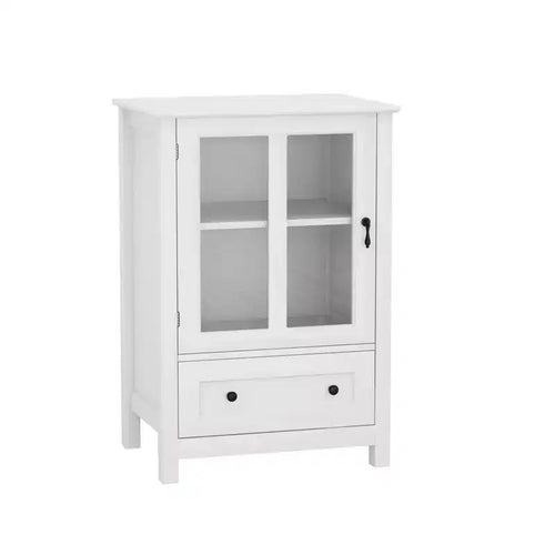 Okak 2 Glass Doors Kitchen Cabinet with Unique Bell Handle Sideboard Cabinet with 2 Shelves and Drawer
