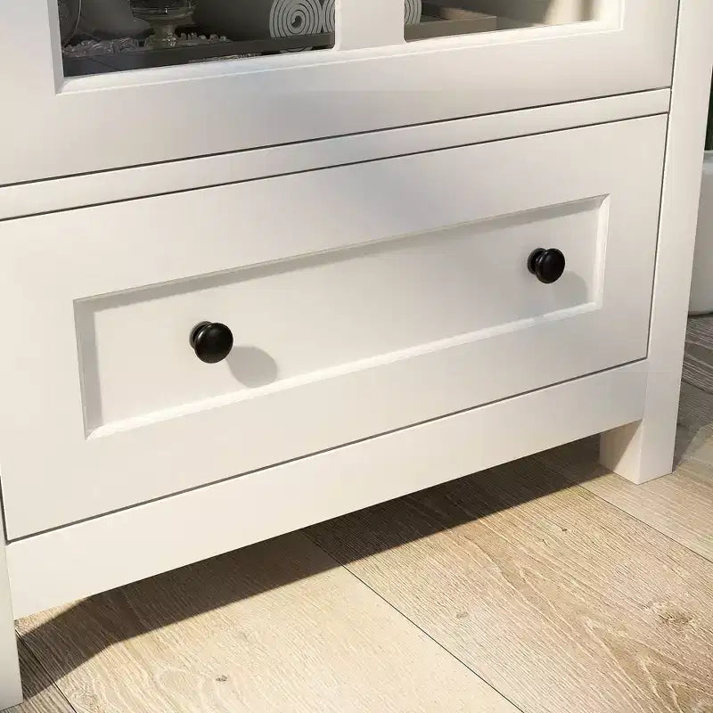 Okak 2 Glass Doors Kitchen Cabinet with Unique Bell Handle Sideboard Cabinet with 2 Shelves and Drawer