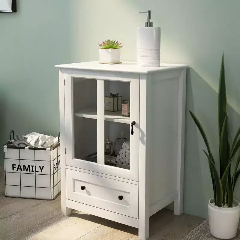 Okak 2 Glass Doors Kitchen Cabinet with Unique Bell Handle Sideboard Cabinet with 2 Shelves and Drawer
