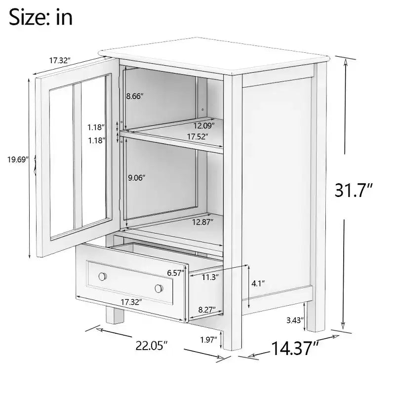 Okak 2 Glass Doors Kitchen Cabinet with Unique Bell Handle Sideboard Cabinet with 2 Shelves and Drawer