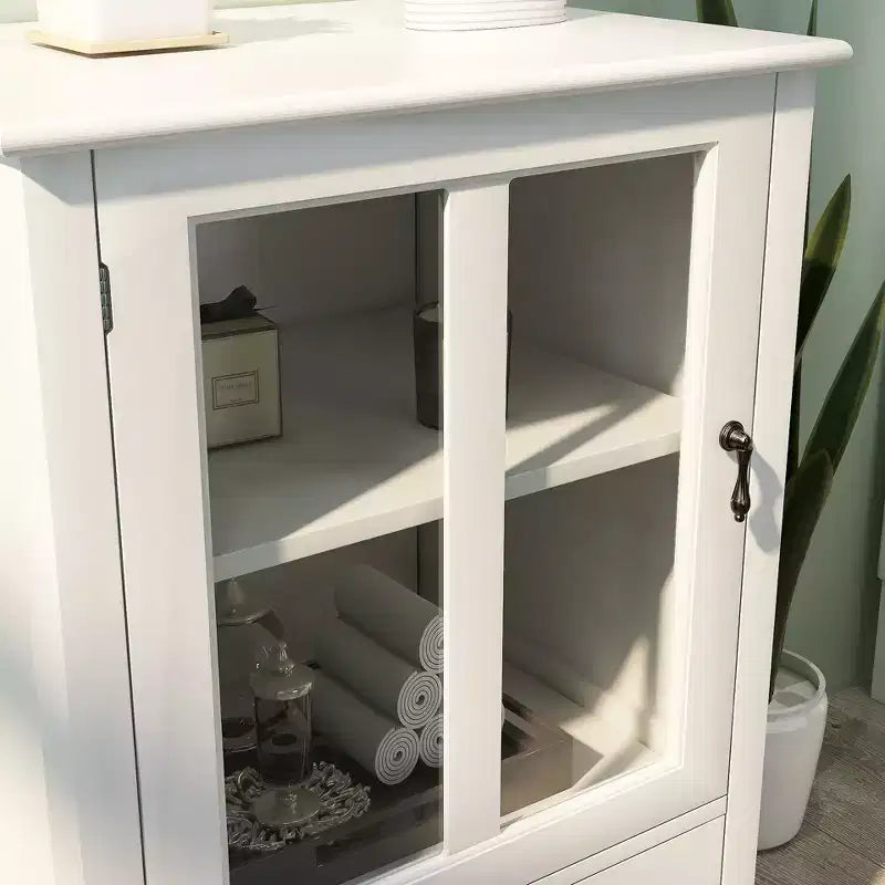 Okak 2 Glass Doors Kitchen Cabinet with Unique Bell Handle Sideboard Cabinet with 2 Shelves and Drawer