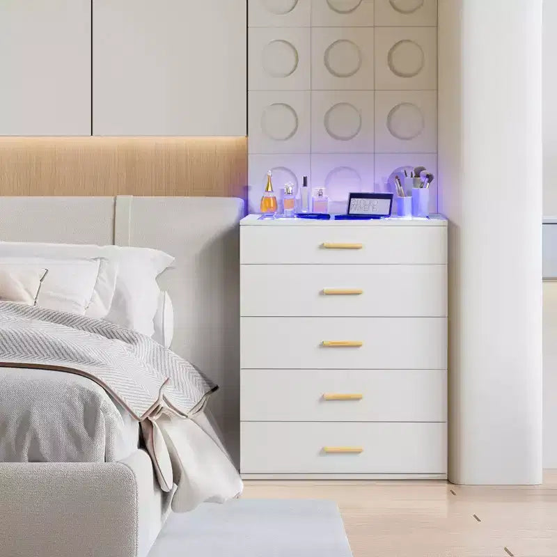 Karl Home 5-Drawer White Particle Board 25.98in. W Chest of Drawer