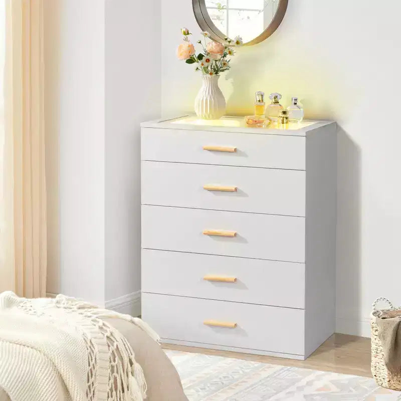 Karl Home 5-Drawer White Particle Board 25.98in. W Chest of Drawer