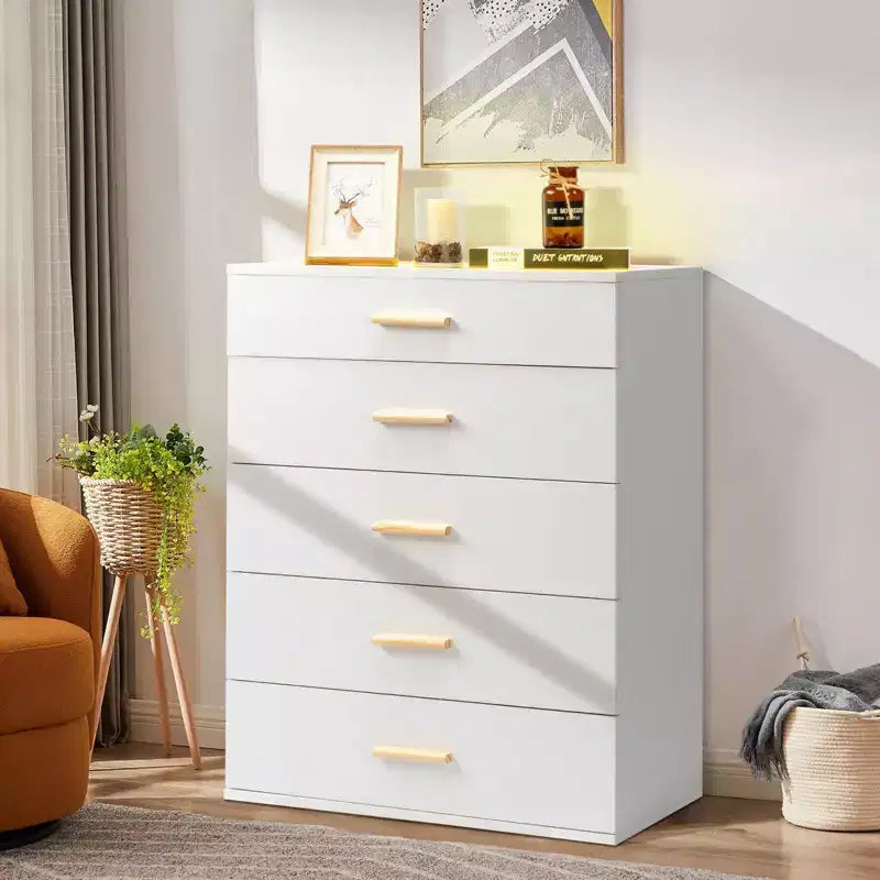 Karl Home 5-Drawer White Particle Board 25.98in. W Chest of Drawer