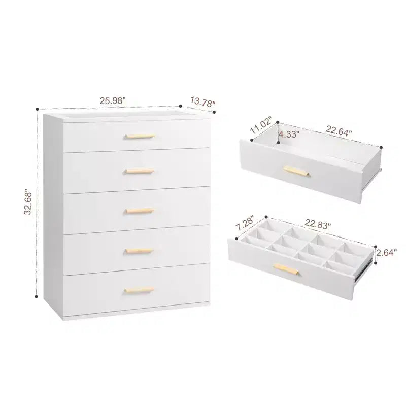 Karl Home 5-Drawer White Particle Board 25.98in. W Chest of Drawer