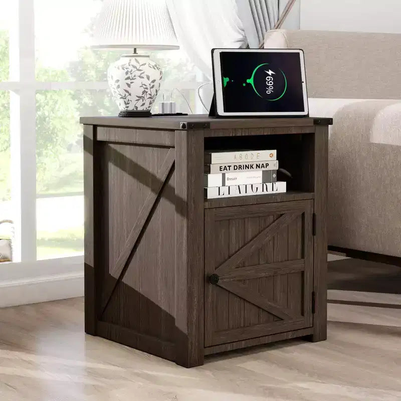 Dyonery 18 Rustic Nightstand with Chargers Dark Gray Living Room Rustic Nightstand Wooden Nightstand