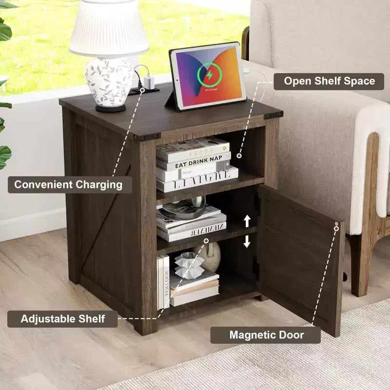 Dyonery 18 Rustic Nightstand with Chargers Dark Gray Living Room Rustic Nightstand Wooden Nightstand