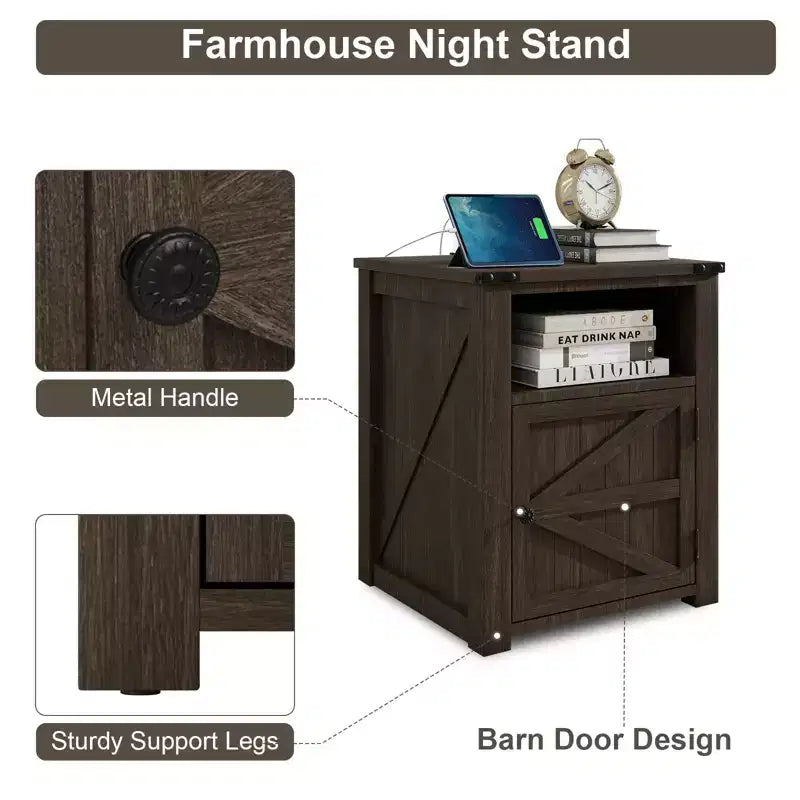 Dyonery 18 Rustic Nightstand with Chargers Dark Gray Living Room Rustic Nightstand Wooden Nightstand