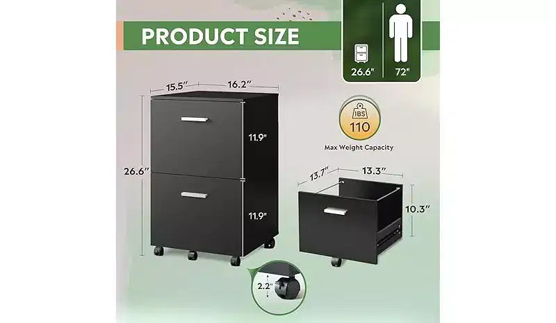 GALAXHERO Mobile 2 Drawer File Cabinet Wood Printer Stand Office Storage Organizer with Lock Letter Size