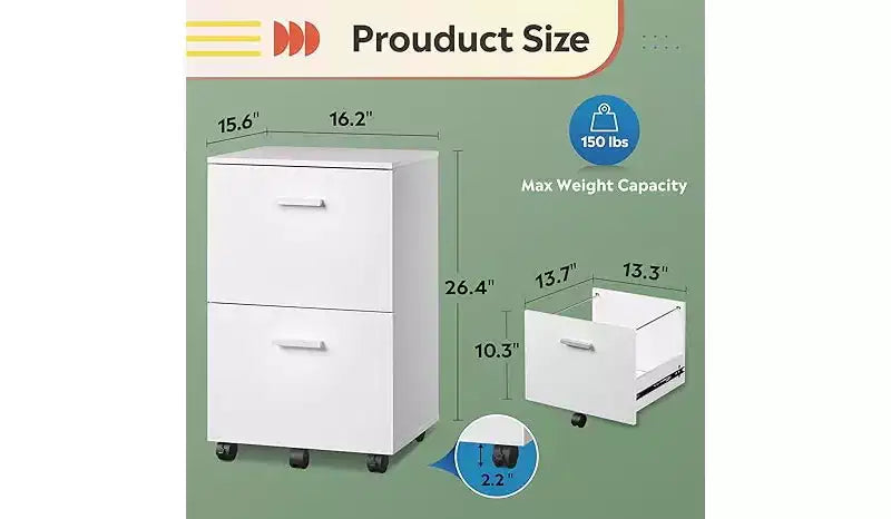 GALAXHERO Mobile 2 Drawer File Cabinet Wood Printer Stand Office Storage Organizer with Lock Letter Size