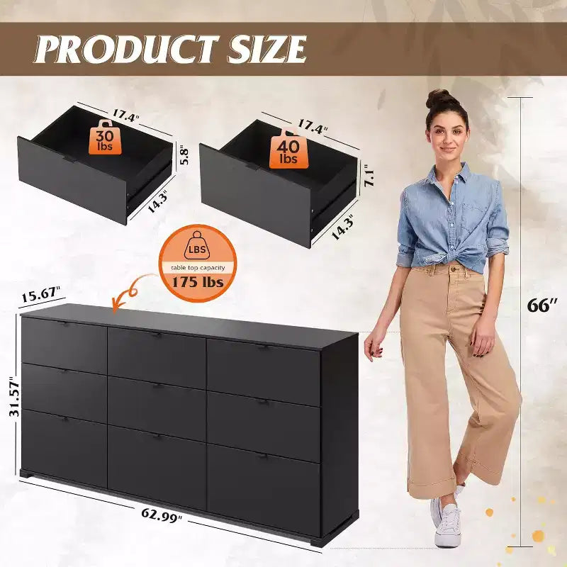 GALAXHERO 9-Drawer Dresser, Modern Wood Chest with Metal Handles, TV Stand for 75 TV, Storage Organizer for Bedroom, Living Room, Office