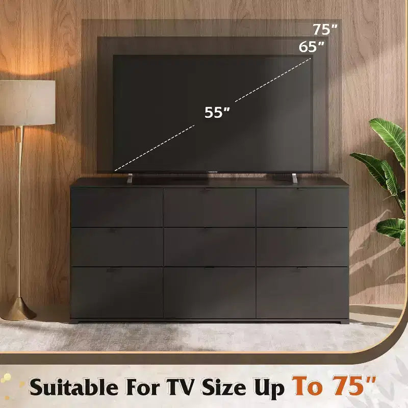 GALAXHERO 9-Drawer Dresser, Modern Wood Chest with Metal Handles, TV Stand for 75 TV, Storage Organizer for Bedroom, Living Room, Office