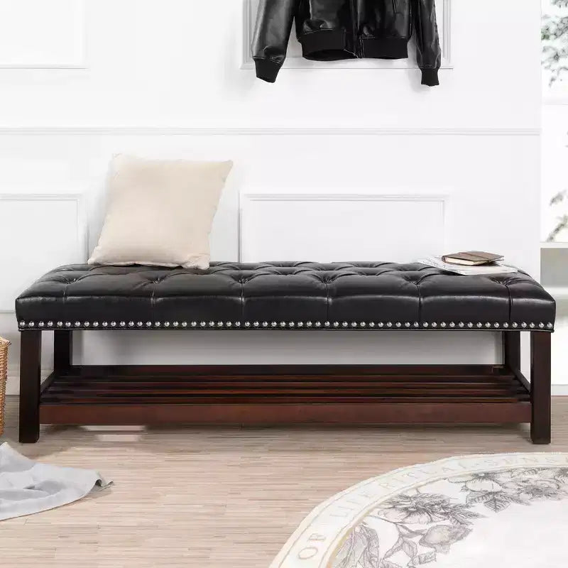 Okak Modern 2-Tier Rivet Design Ottoman Bench with Open Storage Shelf,Upholstered Storage Ottoman for Bedroom,Entrance