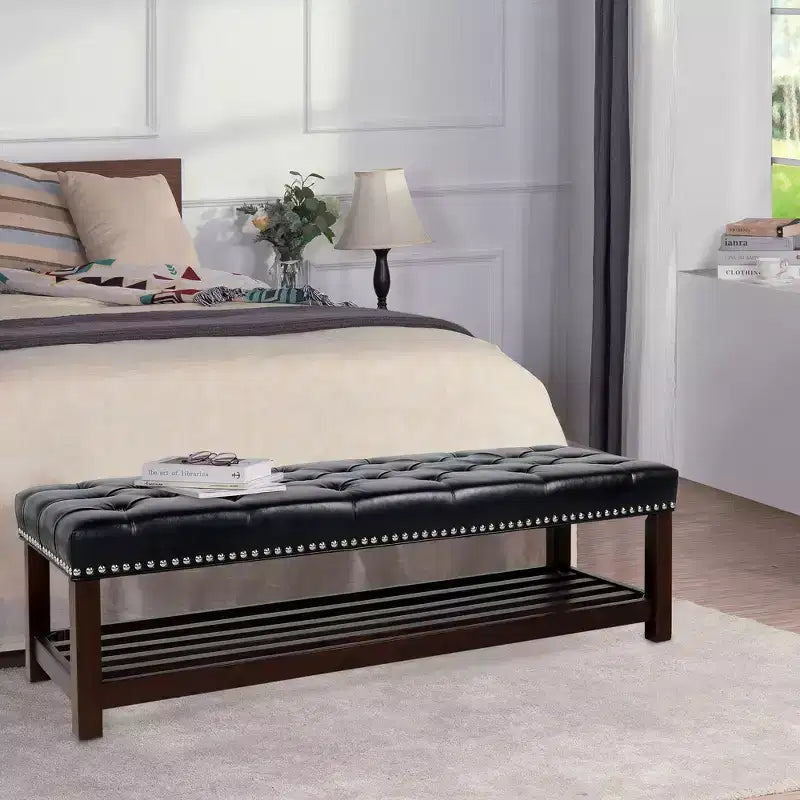 Okak Modern 2-Tier Rivet Design Ottoman Bench with Open Storage Shelf,Upholstered Storage Ottoman for Bedroom,Entrance