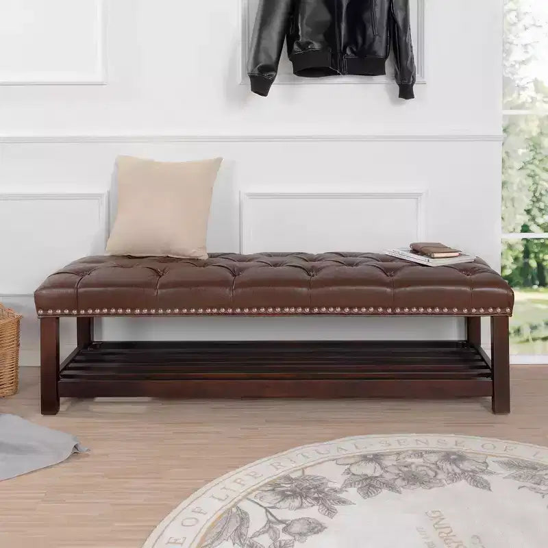 Okak Modern 2-Tier Rivet Design Ottoman Bench with Open Storage Shelf,Upholstered Storage Ottoman for Bedroom,Entrance