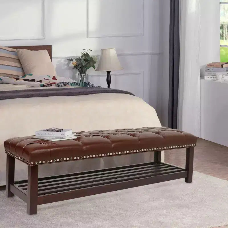 Okak Modern 2-Tier Rivet Design Ottoman Bench with Open Storage Shelf,Upholstered Storage Ottoman for Bedroom,Entrance