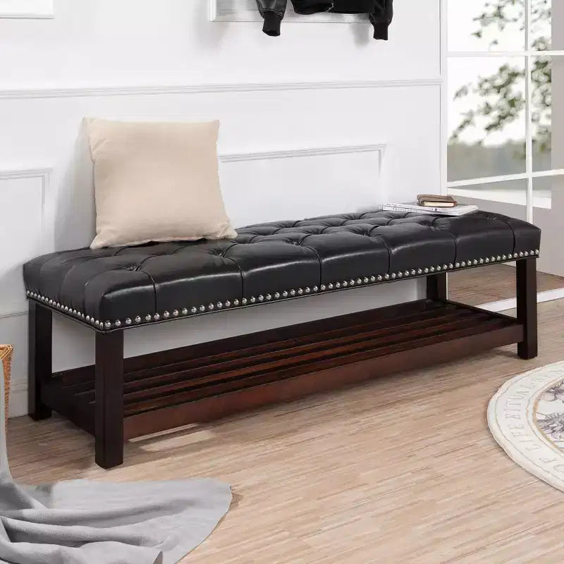 Okak Modern 2-Tier Rivet Design Ottoman Bench with Open Storage Shelf,Upholstered Storage Ottoman for Bedroom,Entrance