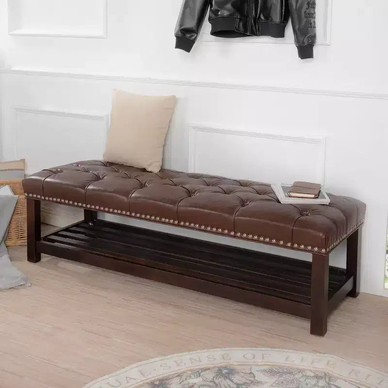 Okak Modern 2-Tier Rivet Design Ottoman Bench with Open Storage Shelf,Upholstered Storage Ottoman for Bedroom,Entrance