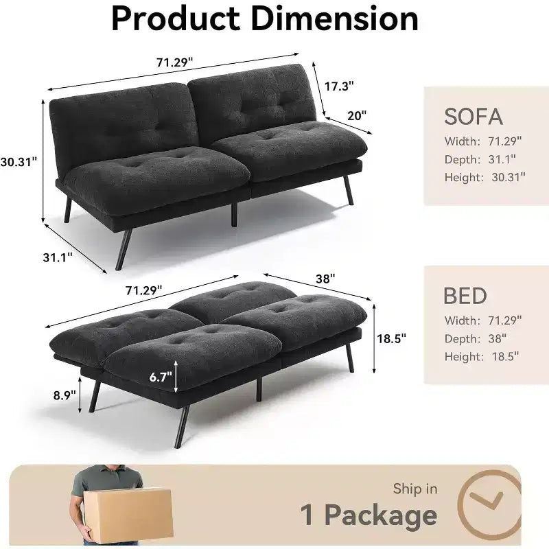Dyonery 72 Convertible Futon Sofa Bed with 6.7 Thick Removable Cushion