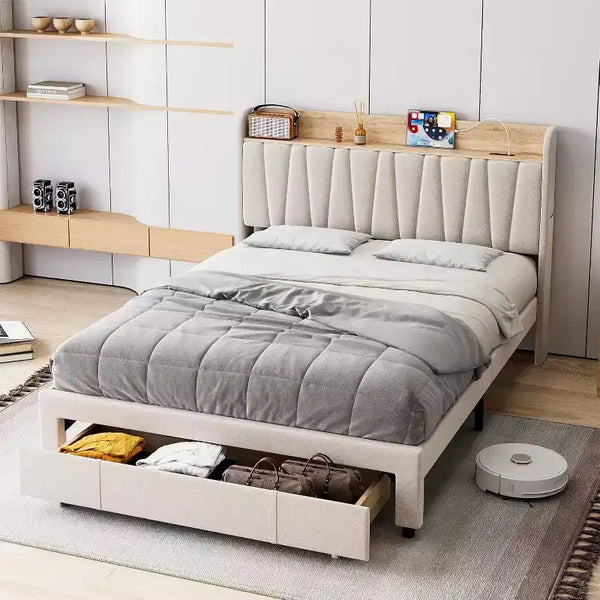 Upholstered Bed Frame with Storage Headboard and Charging Station, Platform Bed Frame with Drawers