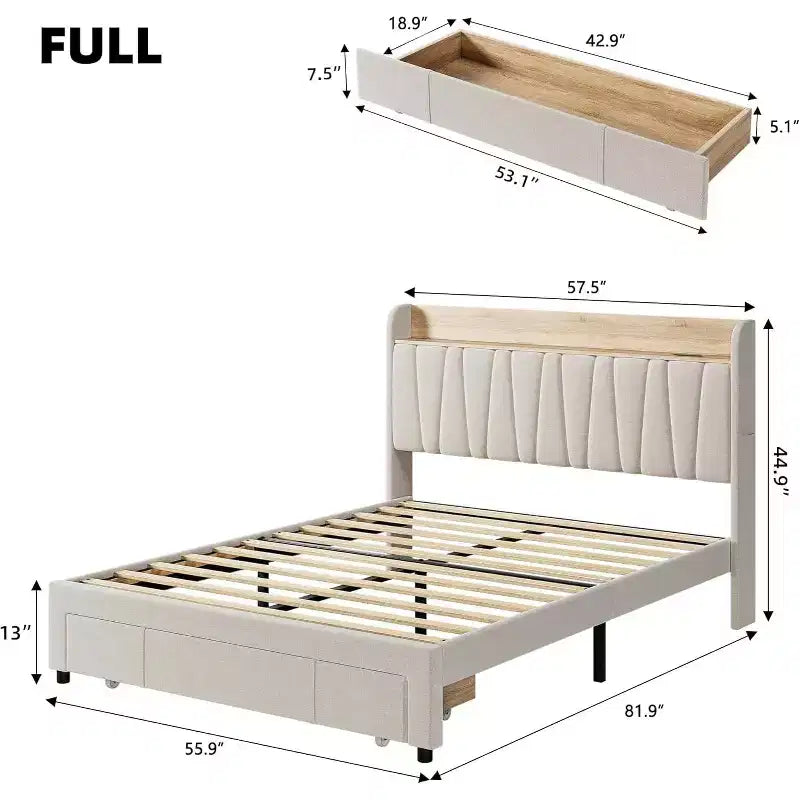 Upholstered Bed Frame with Storage Headboard and Charging Station, Platform Bed Frame with Drawers