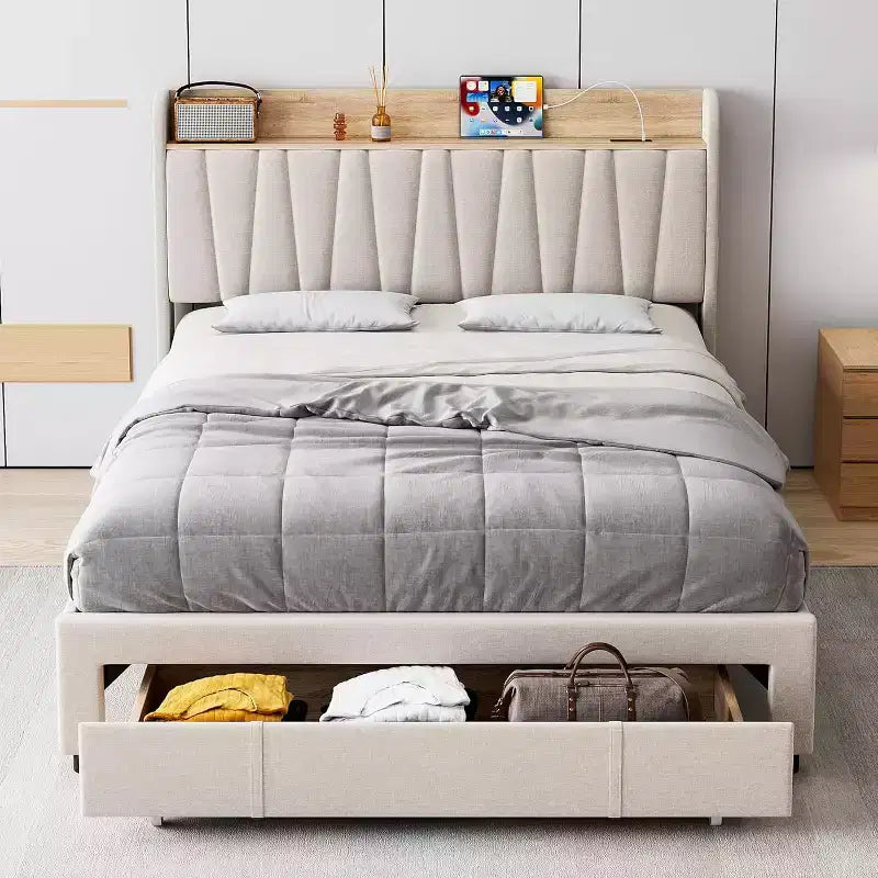 Upholstered Bed Frame with Storage Headboard and Charging Station, Platform Bed Frame with Drawers