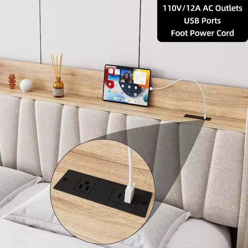 Upholstered Bed Frame with Storage Headboard and Charging Station, Platform Bed Frame with Drawers