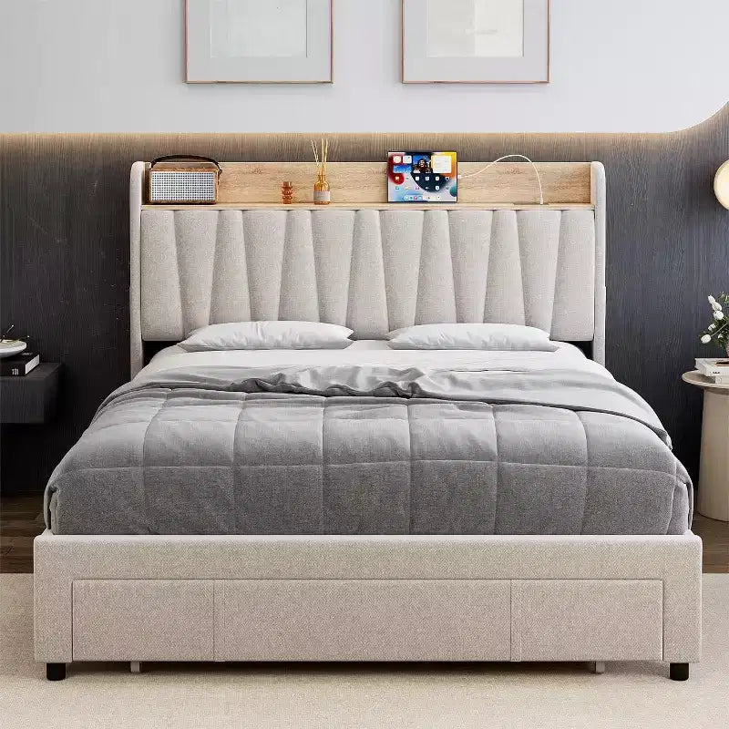 Upholstered Bed Frame with Storage Headboard and Charging Station, Platform Bed Frame with Drawers