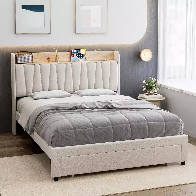 Upholstered Bed Frame with Storage Headboard and Charging Station, Platform Bed Frame with Drawers
