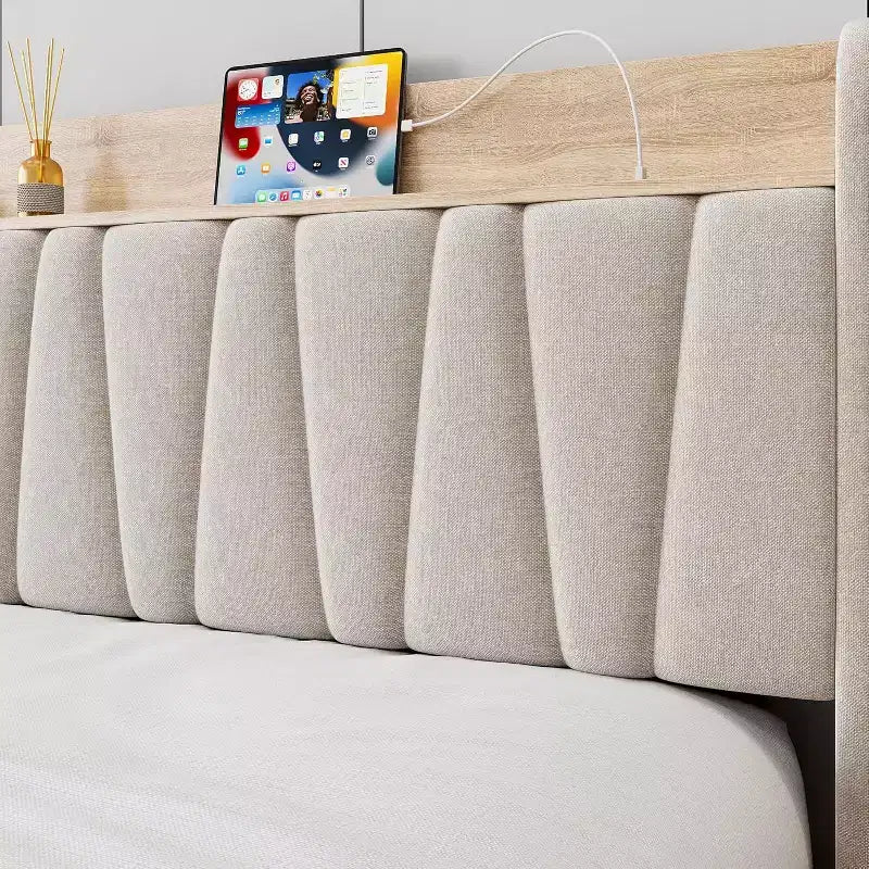 Upholstered Bed Frame with Storage Headboard and Charging Station, Platform Bed Frame with Drawers