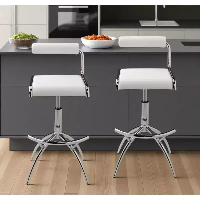 HomeRoots Set of Two White and Silver Metal and Faux Leather Low Back Adjustable Height Bar Chairs