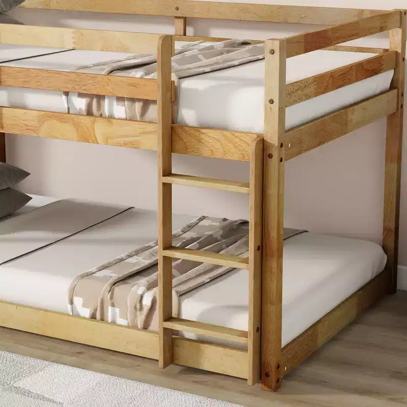 Okak Twin Over Twin Bunk Bed with Ladder & Safety Guardrail Solid Rubber Wooden Loft Bed with Strengthened Slats for Kids Easy Assemble