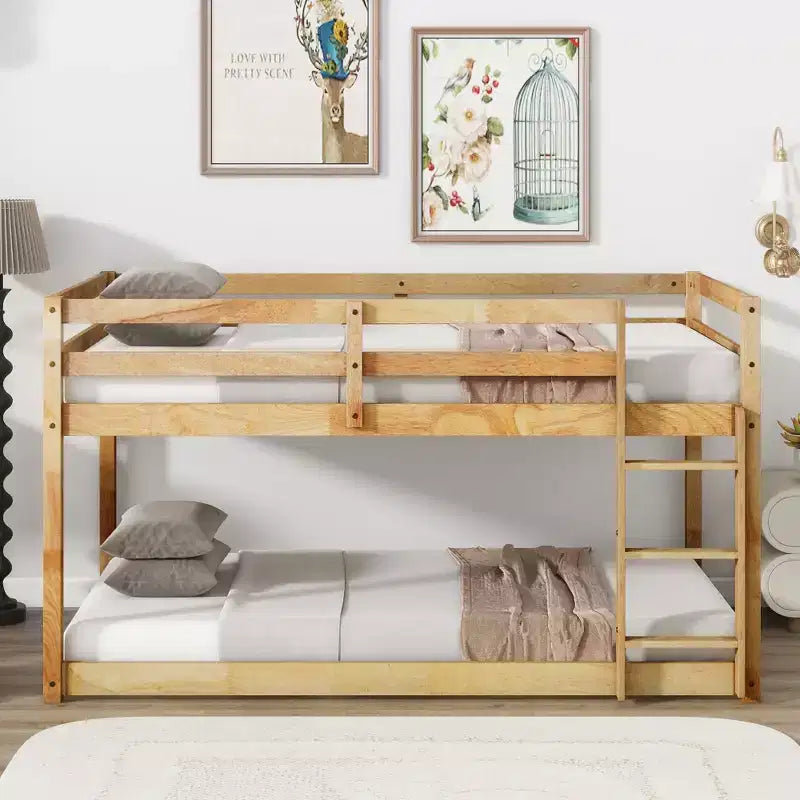 Okak Twin Over Twin Bunk Bed with Ladder & Safety Guardrail Solid Rubber Wooden Loft Bed with Strengthened Slats for Kids Easy Assemble