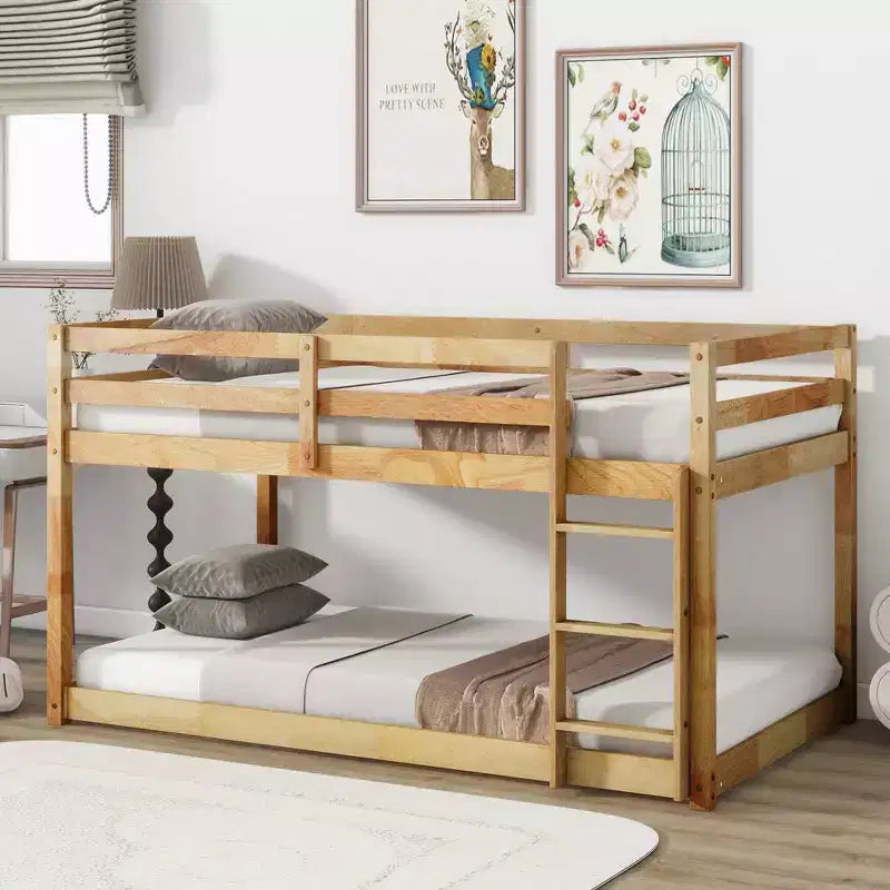 Okak Twin Over Twin Bunk Bed with Ladder & Safety Guardrail Solid Rubber Wooden Loft Bed with Strengthened Slats for Kids Easy Assemble