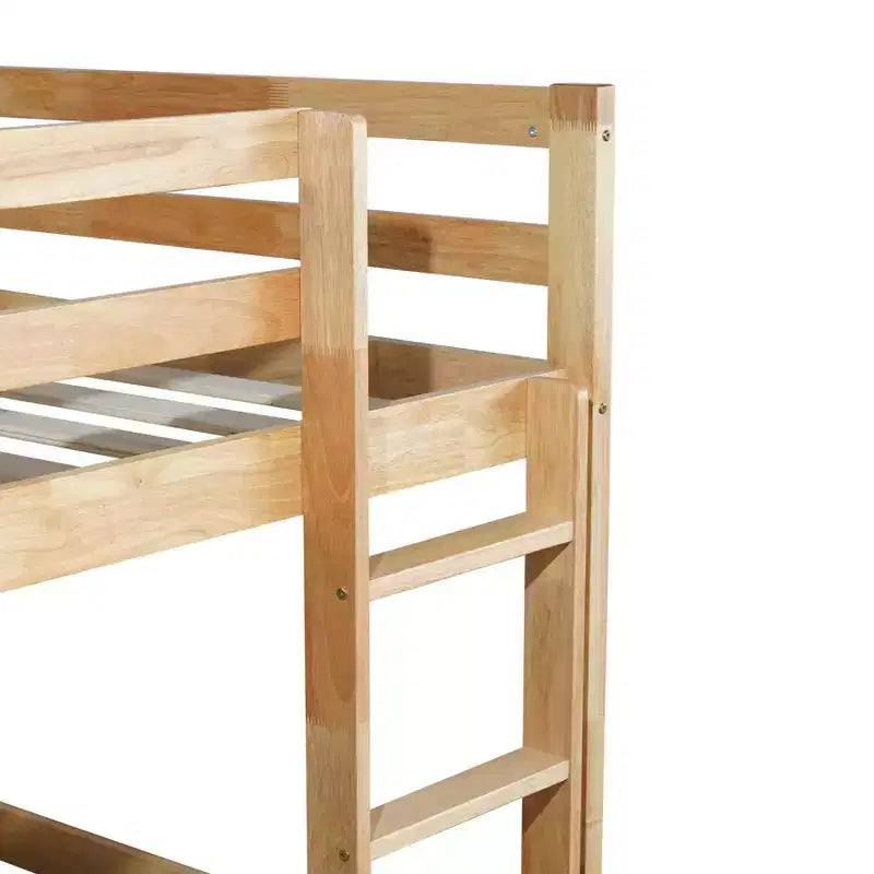 Okak Twin Over Twin Bunk Bed with Ladder & Safety Guardrail Solid Rubber Wooden Loft Bed with Strengthened Slats for Kids Easy Assemble