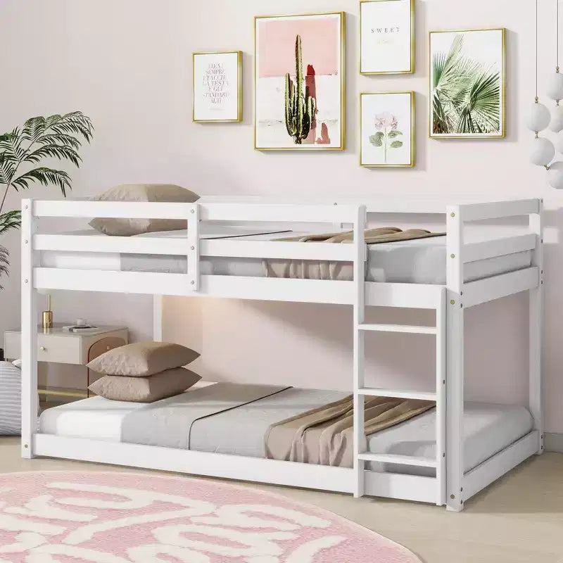 Okak Twin Over Twin Bunk Bed with Ladder & Safety Guardrail Solid Rubber Wooden Loft Bed with Strengthened Slats for Kids Easy Assemble
