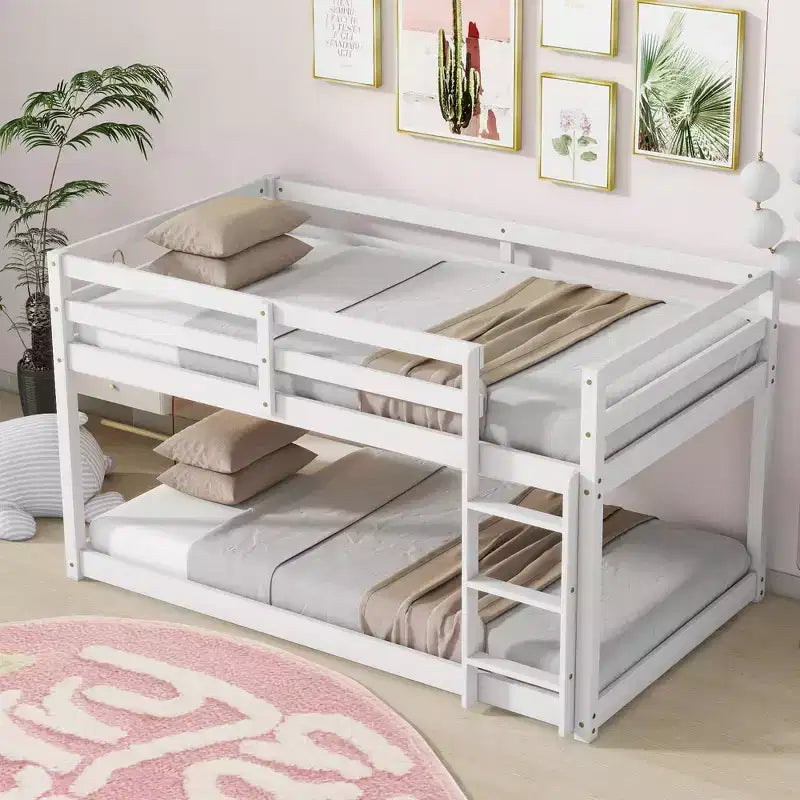 Okak Twin Over Twin Bunk Bed with Ladder & Safety Guardrail Solid Rubber Wooden Loft Bed with Strengthened Slats for Kids Easy Assemble